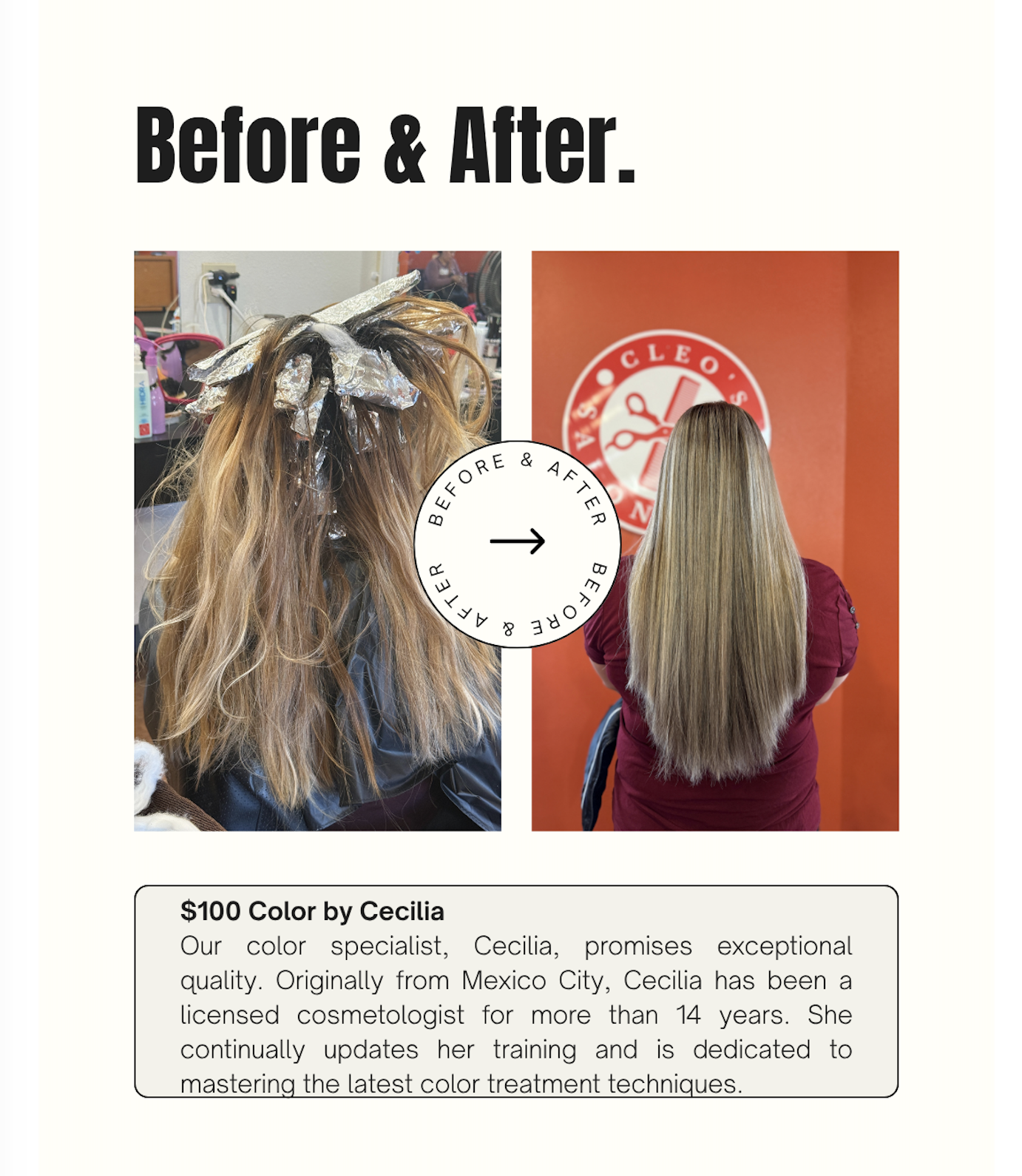 Before and after color transformation by Cecilia at Cleo's Salon