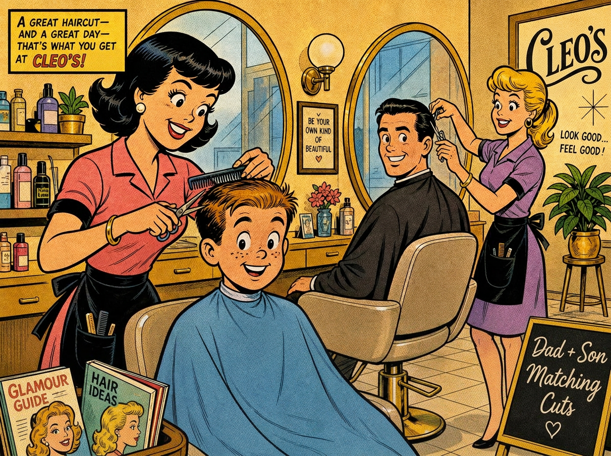 Vintage comic illustration of a father and son getting matching fade haircuts