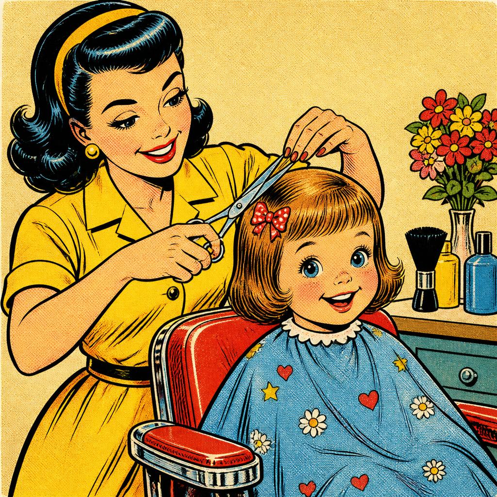 Vintage comic illustration of a stylist giving a little girl her first haircut